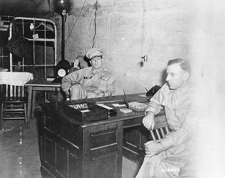 MacArthur and Sutherland in the headquarters tunnel on Corregidor, Philippines, 1 Mar 1942