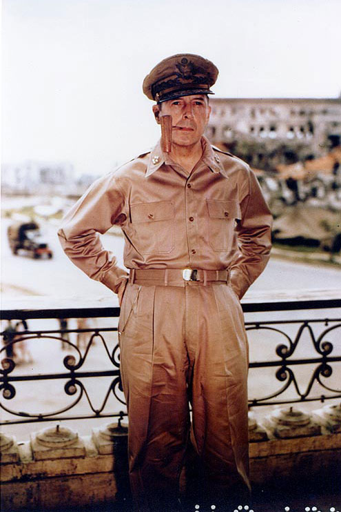 MacArthur smoking his corncob pipe, probably at Manila, Philippine Islands, 2 Aug 1945