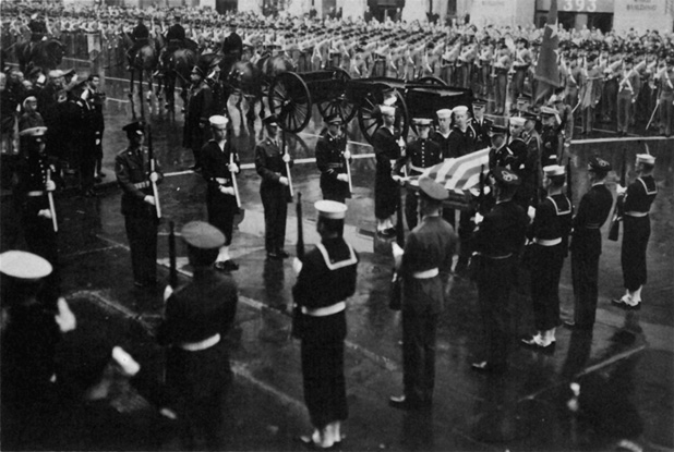 Douglas MacArthur's casket being carried through a honor cordon at Pennsylvania Station, New York, New York, United States, 8 Apr 1964