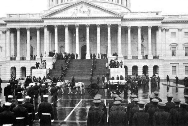 Douglas MacArthur's funeral procession arriving at the Capitol building, Washington DC, United States, 8 Apr 1964