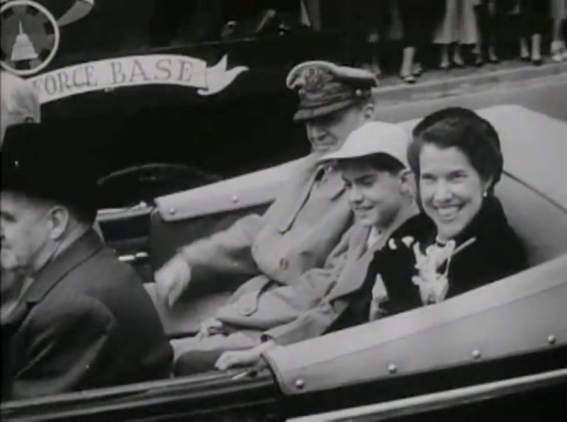 General MacArthur, his son Arthur, and his wife Jean in an open car, Washington DC, United States, 19 Apr 1951
