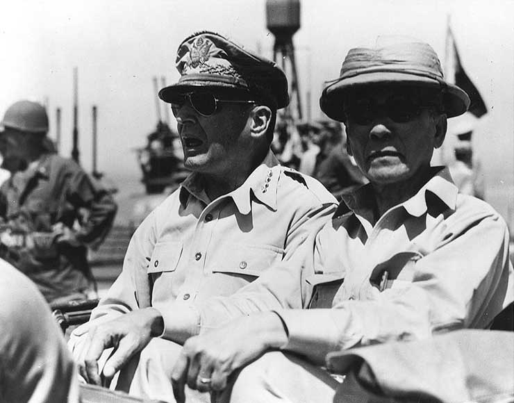 MacArthur and Osmeña en route to Leyte liberation ceremony, 23 Oct 1944