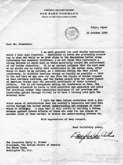 Letter from MacArthur to Truman regarding Wake Island conference, 30 Oct 1950, 1 of 2