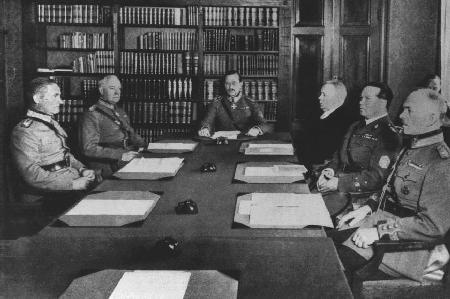 Carl Mannerheim (center), Rudolf Walden (to Mannerheim's left), Martin Wetzer (far right), and others at a Finnish defense council meeting, Finland, 1940s