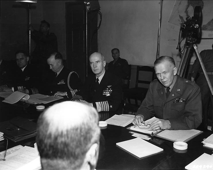 Lynde McCormick, Charles Cooke, Ernest King, and George Marshall at Montgomery House, Malta, 31 Jul 1945