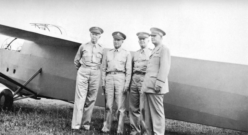 GEN George Marshall, LTGEN Frank Andrews, LTGEN Henry Arnold, and MAJGEN Oliver Echols observing a mock glider attack on Wright Field, Ohio, United States, circa 1942