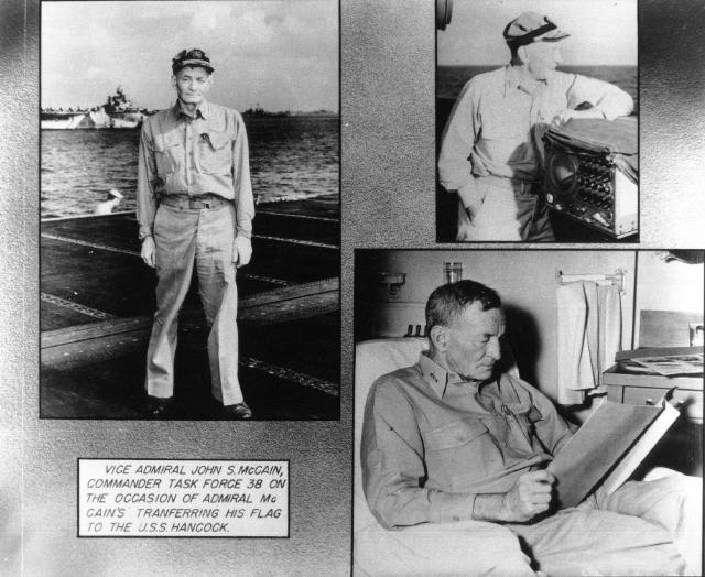 Collage from USS Hancock Cruise Book showing Vice Admiral John S. McCain, Sr. aboard his flagship; shown on the flight deck, admiral's bridge, and his quarters; Ulithi, Caroline Islands, 17 Nov 1944