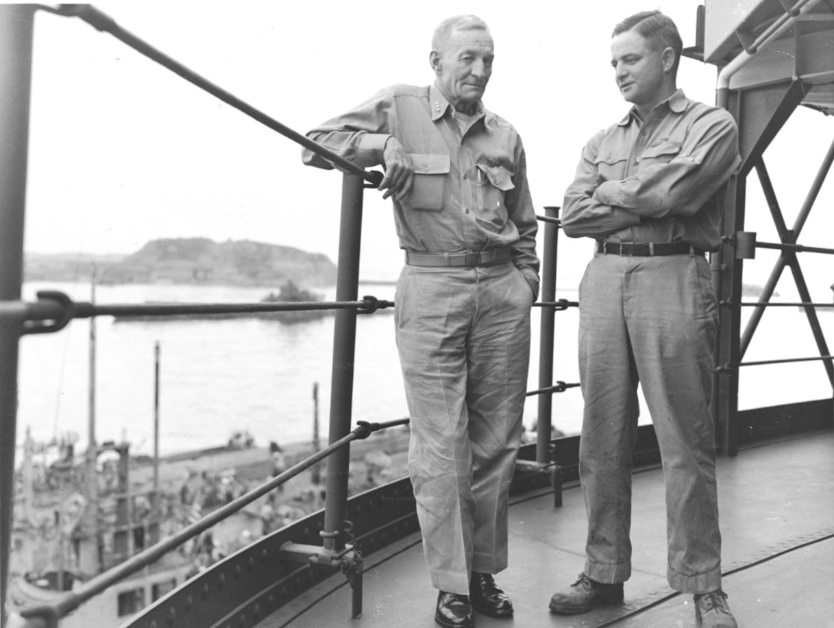 US Navy Vice Admiral John S. McCain, Sr. with his son Commander John S. McCain, Jr. together for the last time in Tokyo Bay, Japan on the day of the Surrender Ceremony, 2 Sep 1945