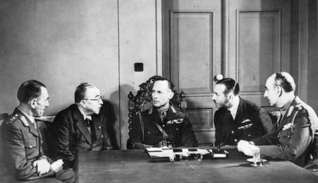 Major General Gambier-Parry, General Metaxas, George II King of Greece, Air Vice Marshal D'Albiac, and General Papagos meeting in Athens, Greece, Jan 1941