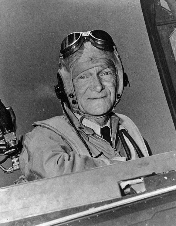 Mitscher in cockpit on board USS Franklin D. Roosevelt, 15 May 1946