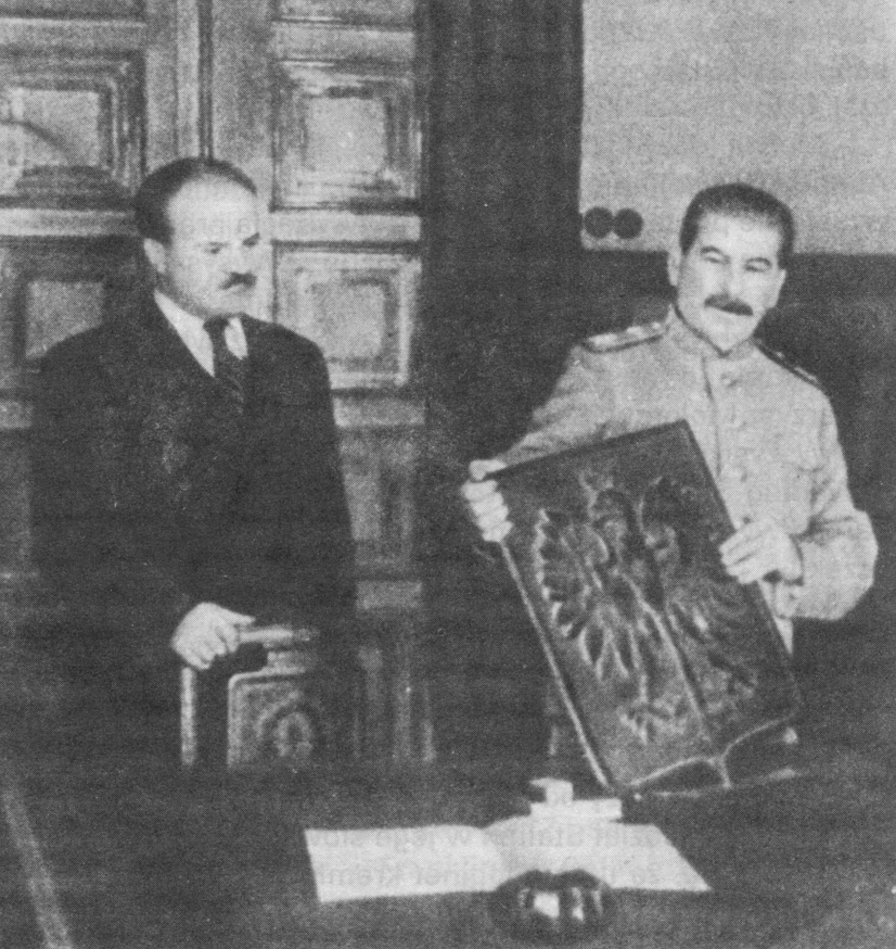 Joseph Stalin presenting the coat of arms of Poland with Vyacheslav Molotov at his side, early Nov 1944