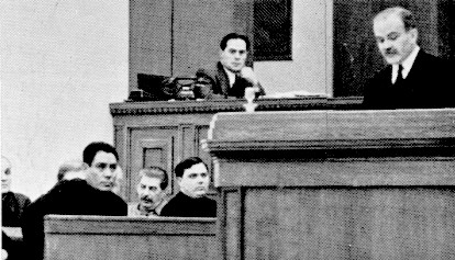 Vyacheslav Molotov addressing the Supreme Soviet of the Soviet Union, Moscow, Russia, 31 Oct 1939; note Joseph Stalin in background