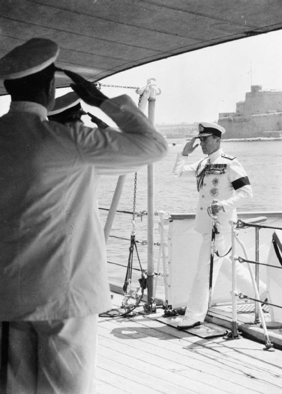 Admiral of the Fleet Earl Louis Mountbatten arriving aboard HMS Glasgow to assume his new position as commander of the Mediterranean Fleet, Malta, 16 May 1952