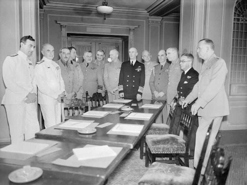 Louis Mountbatten, John Dill, Hastings Ismay, Ernest King, Henry Arnold, William Leahy, Kenneth Stuart, Percy Nelles, and George Marshall at Château Frontenac during Quebec Conference, Canada, Aug 1943