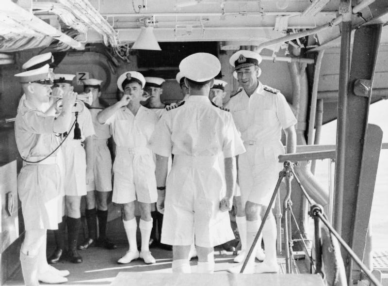 Captain M. M. Denny welcoming Louis Mountbatten aboard HMS Victorious, Trincomalee, Ceylon, 1940s