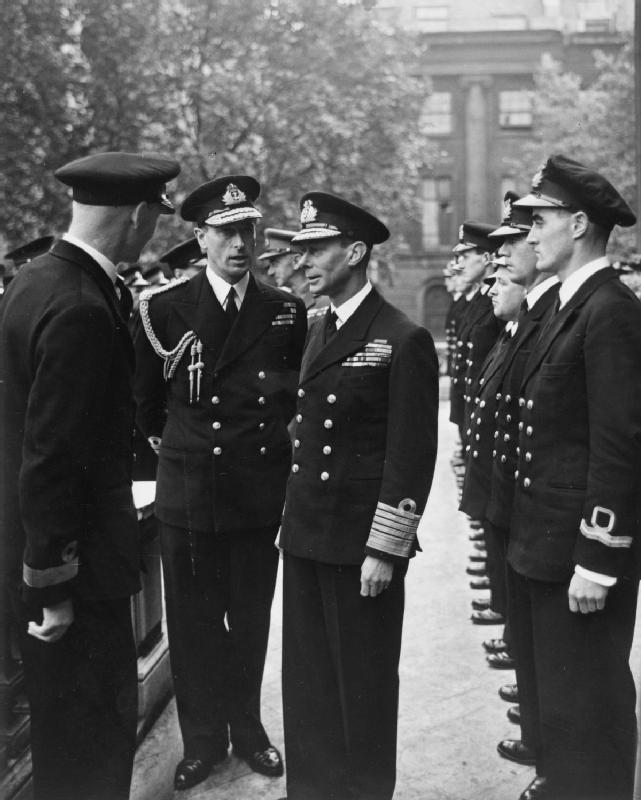 King George VI inspecting the headquarters of Combined Operations in Britain, 29 Sep 1942; note Louis Mountbatten and Mountbatten's staff