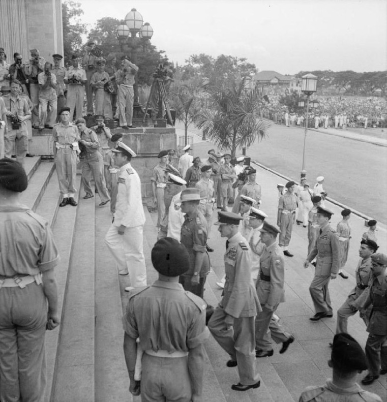 Louis Mountbatten and his Chiefs of Staff entering the Municipal Buildings in Singapore for the surrender ceremony, 12 Sep 1945