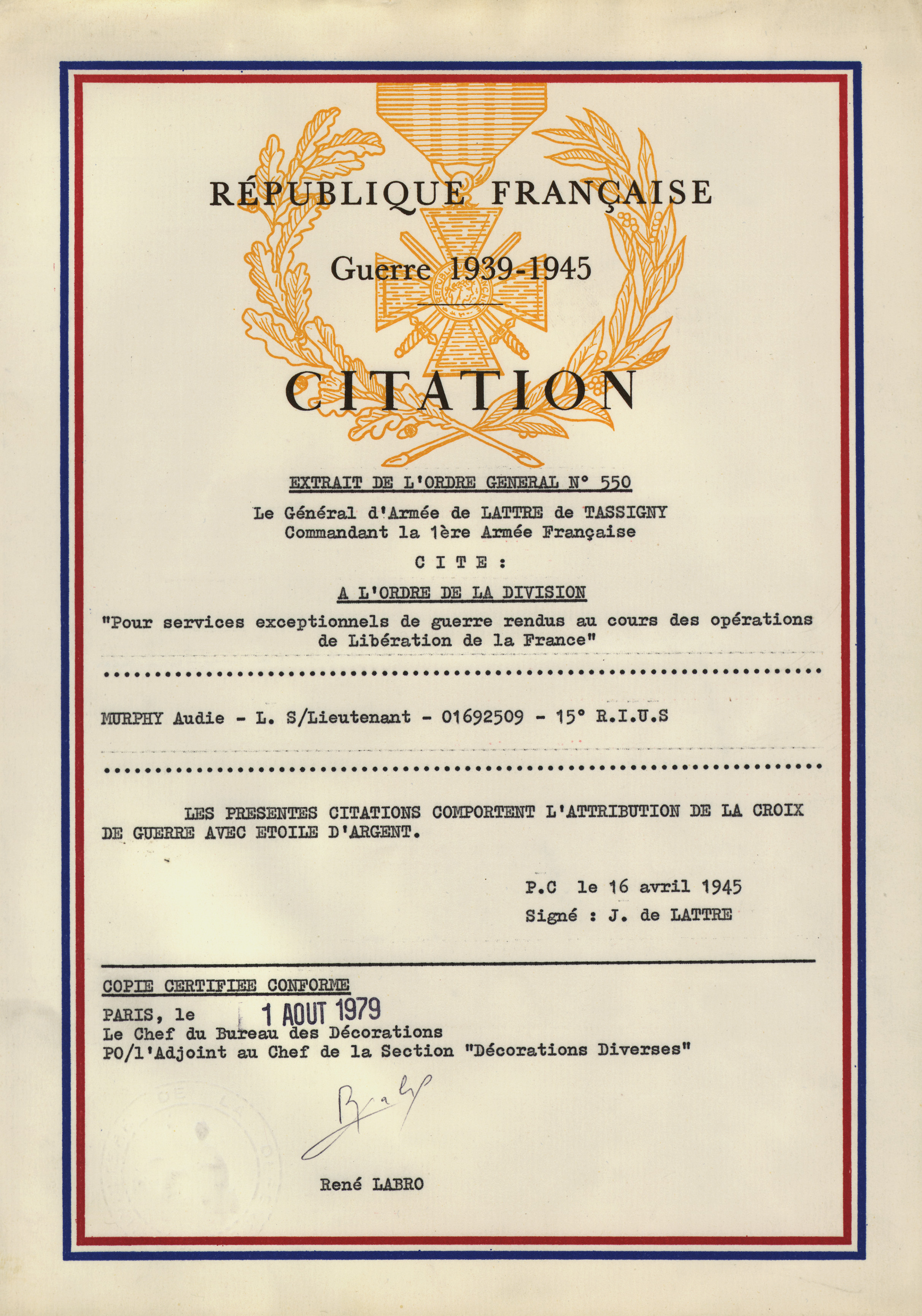 Audie Murphy's Croix de Guerre citation, 16 Apr 1945
