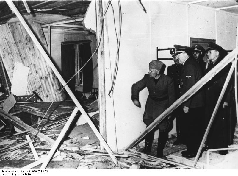 Adolf Hitler showing Benito Mussolini the wreckage after the unsuccessful assassination attempt on Adolf Hitler, Wolfsschanze, Rastenburg, Germany, late Jul 1944, photo 1 of 2