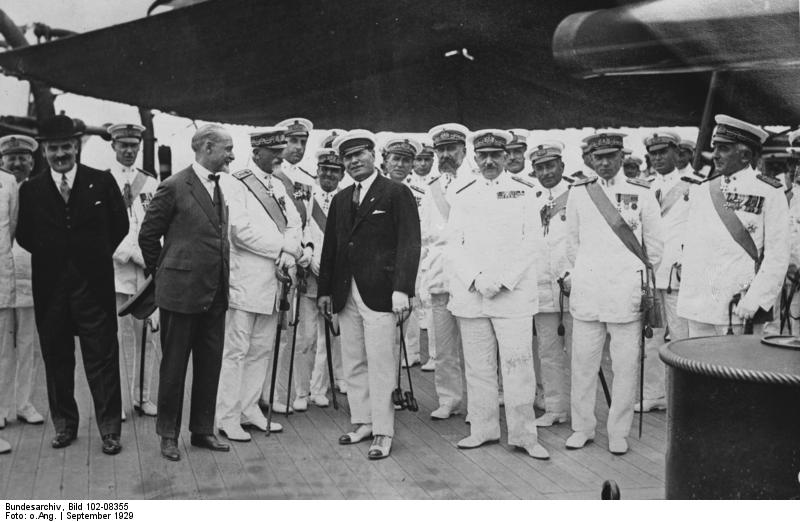 Benito Mussolini aboard battleship Italia, Genoa, Italy, Sep 1929