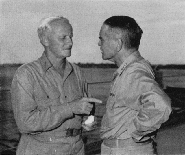 Chester Nimitz and William Halsey aboard USS Curtiss at 'Button' Naval Base, Espiritu Santo, New Hebrides, 20 Jan 1943, photo 2 of 2