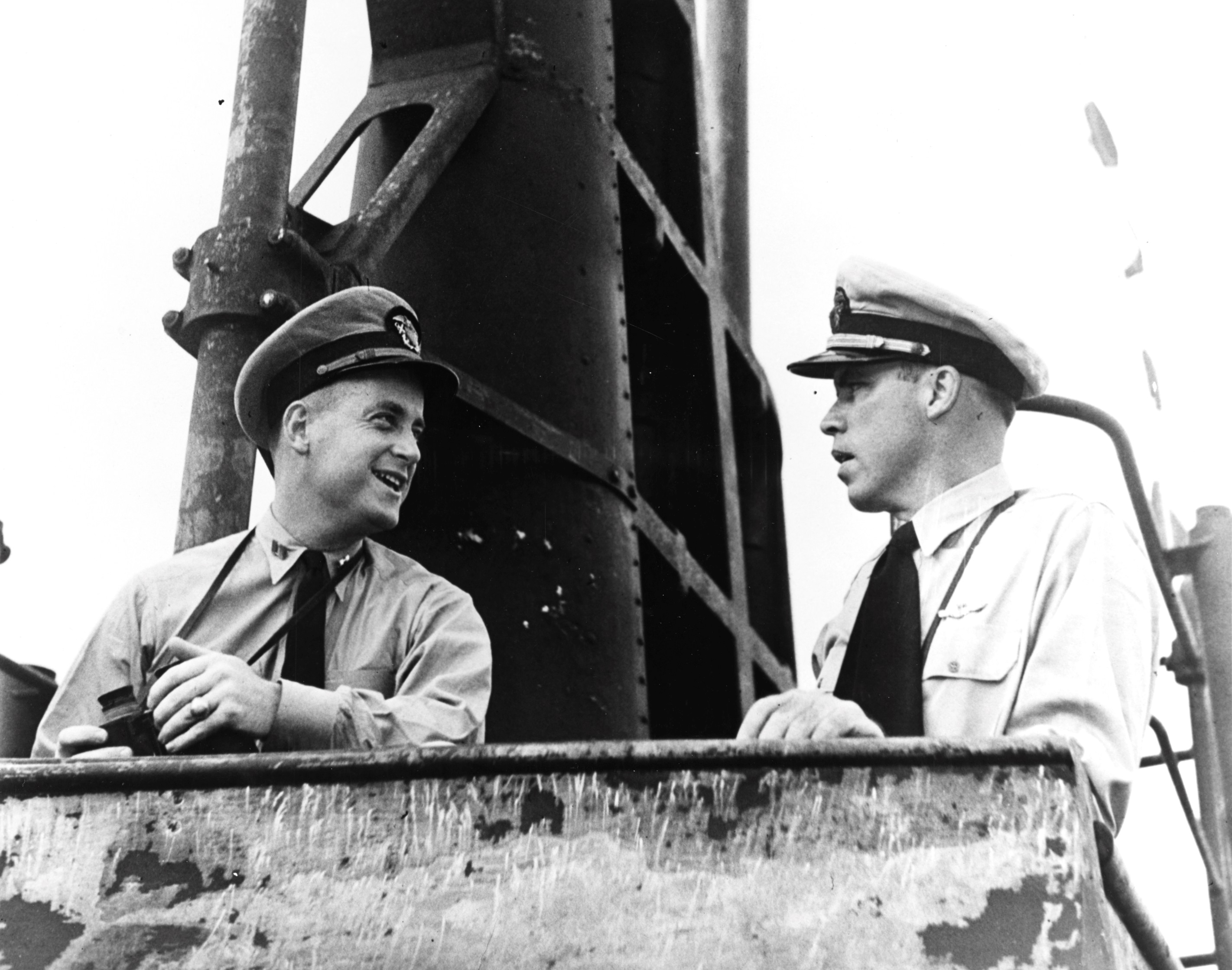 Lieutenant Commander Dudley Morton and Lieutenant Richard O'Kane at the bridge of USS Wahoo, Pearl Harbor, US Territory of Hawaii, 7 Feb 1943