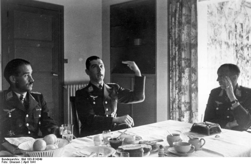 Lieutenant Colonel Galland, Colonel Mölders, and Major Lützowplatz celebrating Osterkamp's birthday, 16 Apr 1941, photo 4 of 5