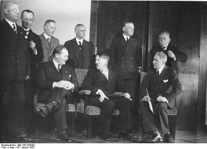 Adolf Hitler's cabinet, Berlin, Germany, 30 Jan 1933; front row: Göring, Hitler, Papen; back row: Krosigk, Frck, Blomberg, Hugenberg; photo 2 of 2