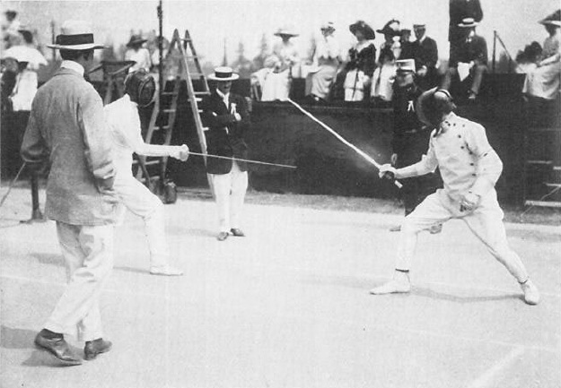 Fencers Jean de Mas Latrie of France and George Patton of the United States competing in the 1912 Summer Olympics, Stockholm, Sweden, 1912