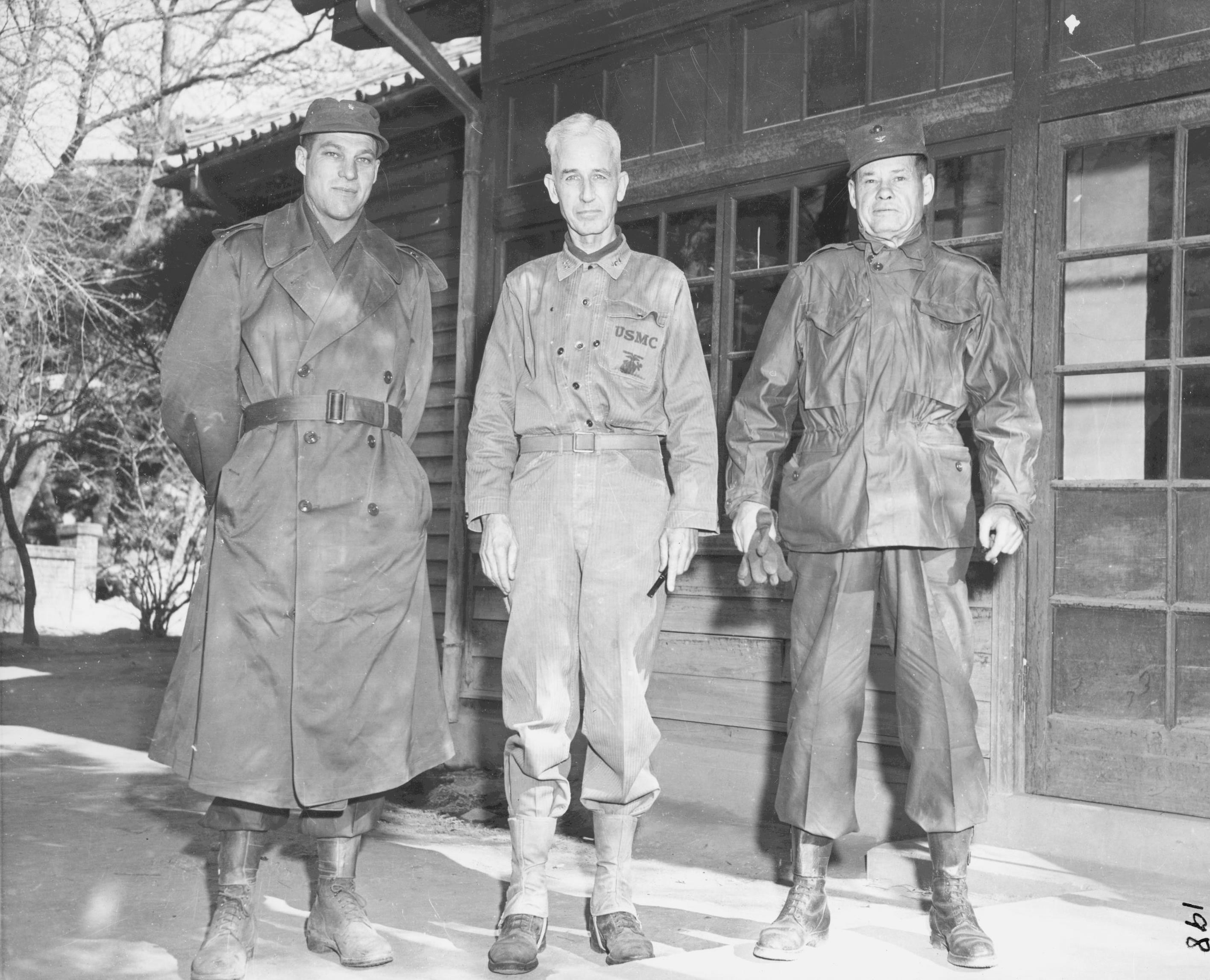 Lieutenant Colonel Raymond Murray, General Oliver Smith, and Colonel Lewis Puller at Smith's quarters, Masan, southern Korea, 1950