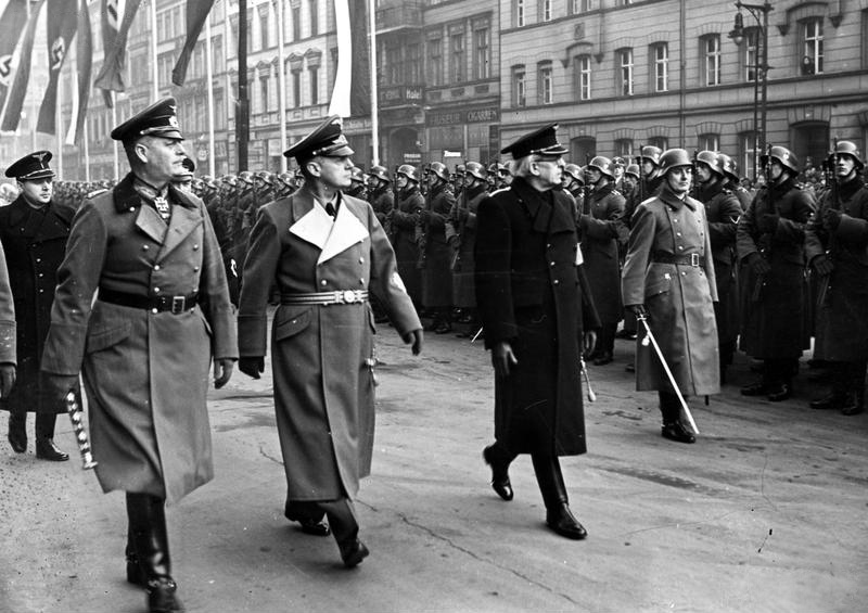 German Field Marshal Wilhelm Keitel, German Foreign Minister Joachim von Ribbentrop, and Slovakian Prime Minister Vojtech Tuka reviewing troops, Berlin, Germany, Nov 1940