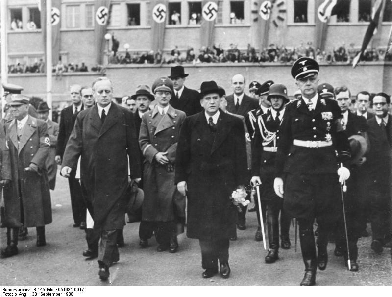 French Prime Minister Edouard Daladier departing Munich, Germany after the Munich Conference, 30 Sep 1938, photo 2 of 2; Joachim von Ribbentrop also present