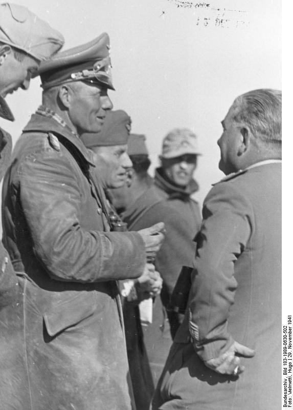 Erwin Rommel speaking to German officers near Tobruk, Libya, 29 Nov 1941