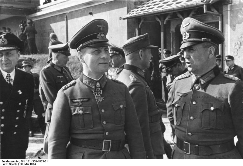 German Field Marshal Erwin Rommel, General Friedrich Dollman, General Edgar Feuchtinger, and Admiral Theodor Krancke at the Atlantic Wall near Ouistreham, Normandy, France, 30 May 1944