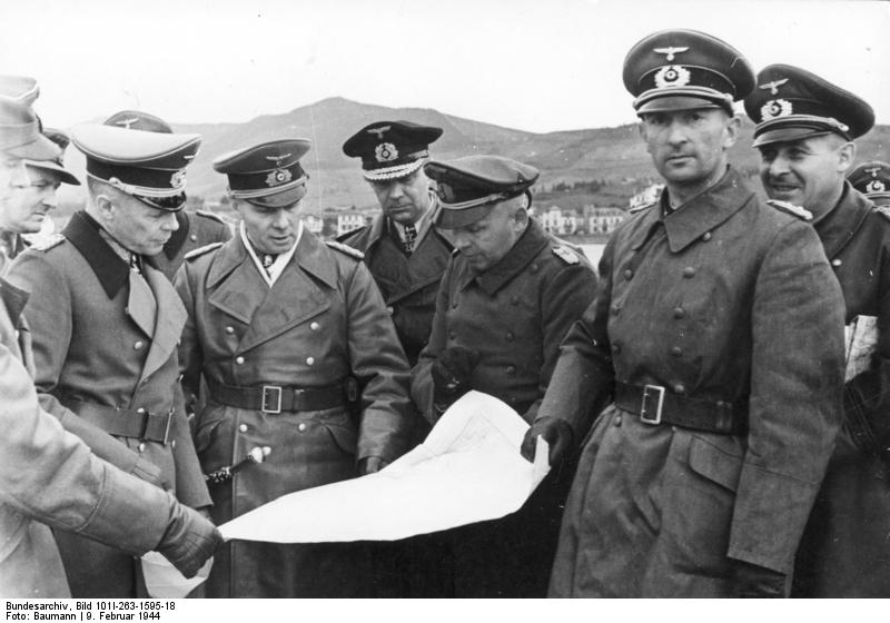 Field Marshal Erwin Rommel, Vice Admiral Friedrich Oskar Ruge, and General Hans von Obstfelder at Hendaye, France, 9 Feb 1944