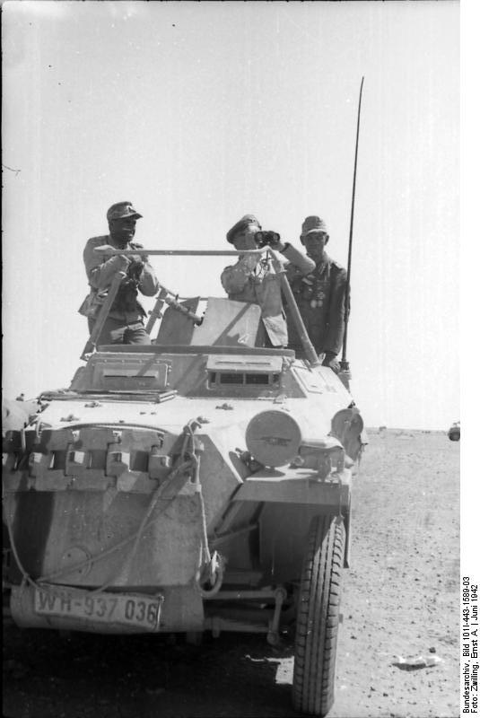 Erwin Rommel and Fritz Bayerlein in the SdKfz. 250/3 command vehicle 'Greif', near Tobruk, Libya, Jun 1942, photo 1 of 4