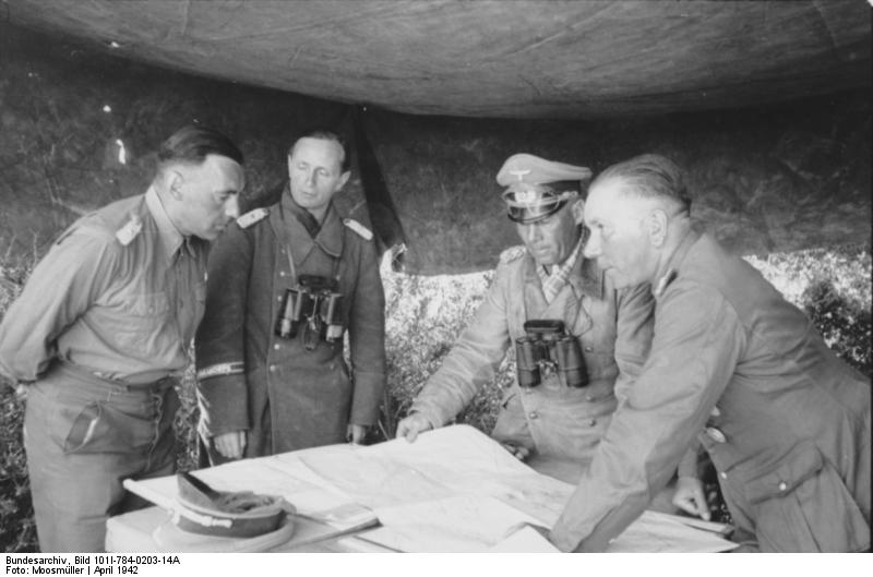 German Army Lieutenant Colonel Fritz Bayerlein, Colonel General Erwin Rommel, and Lieutenant General Walter Nehring in conference in North Africa, Apr 1942
