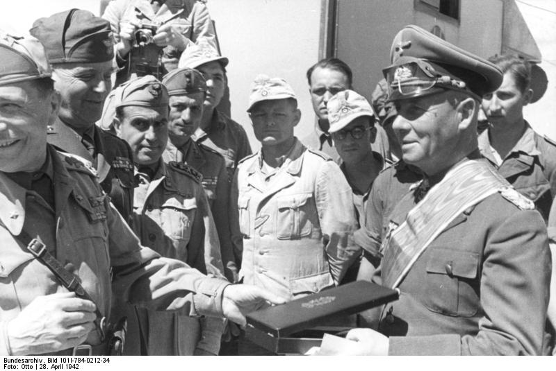 Rommel receiving the title of the Grand Officer of the Colonial Order of the Star of Italy, North Africa, 28 Apr 1942, photo 3 of 3