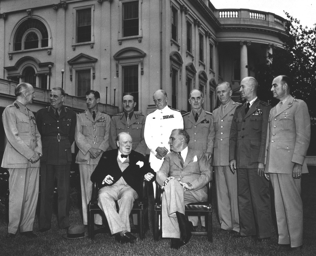 Franklin Roosevelt, Winston Churchill, and others at the White House during Trident Conference, Washington DC, United States, 24 May 1943