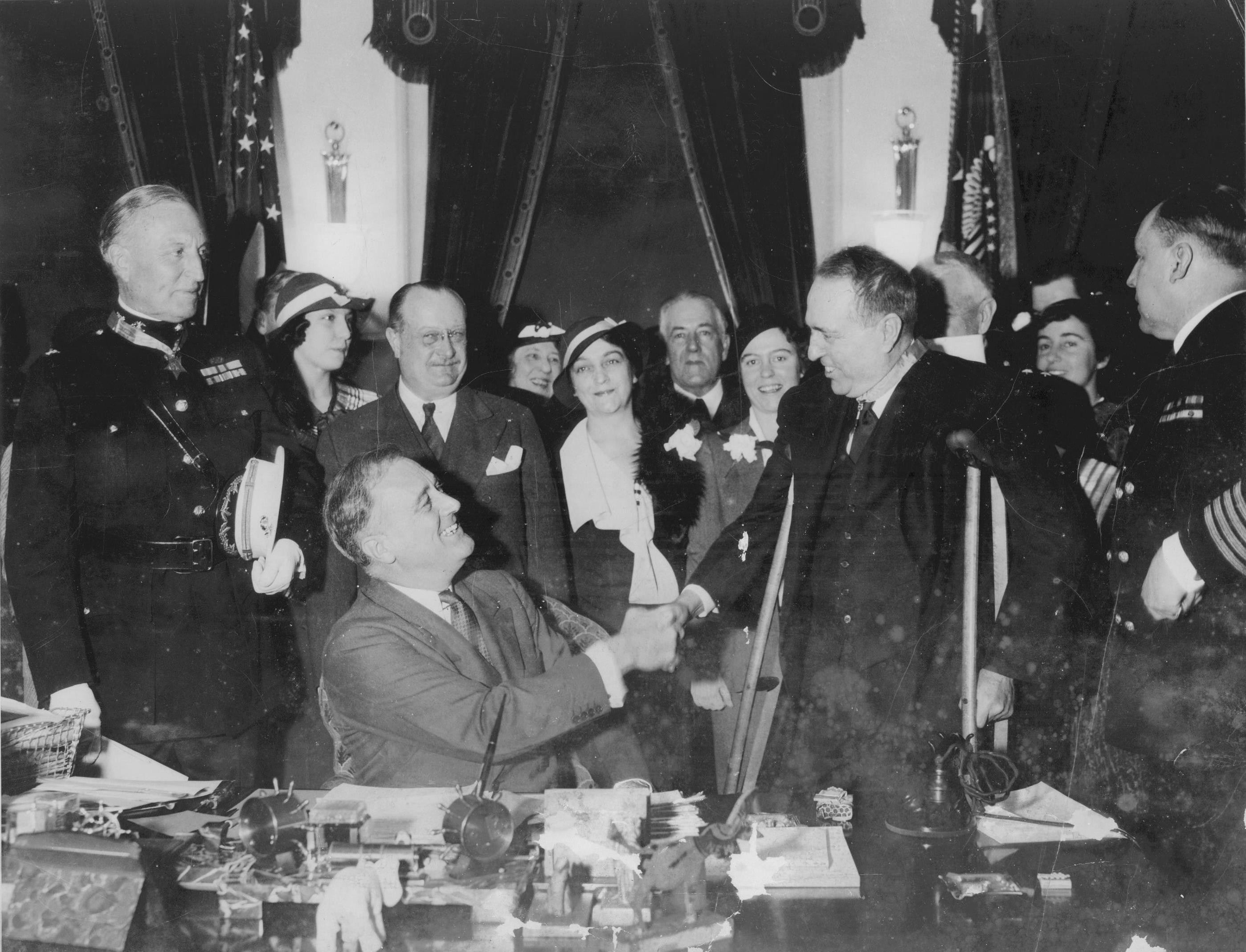 Franklin Roosevelt presenting Hiram Bearss and David Dixon Porter Medals of Honor, White House, Washington DC, United States, 25 Apr 1934