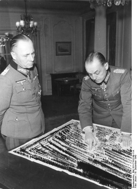 Erwin Rommel and Gerd von Rundstedt in discussion at the Hotel George V, Paris, France, 19 Dec 1943, photo 3 of 5