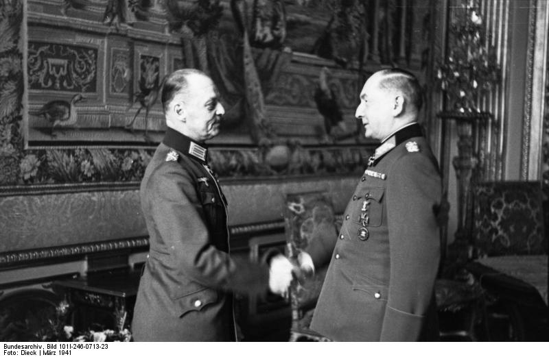 General Gerd von Rundstedt congratulating General Erwin von Witzleben on his 40th anniversary of military service, France, Mar 1941