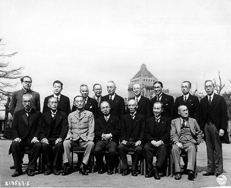 Prime Minister Kijuro Shidehara with his cabinet, 9 Oct 1945; note Mitsumasa Yonai and Shigeru Yoshida in front row
