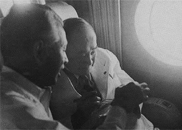 Prime Minister Shigeru Yoshida and his aide Jiro Shirasu in a passenger aircraft en route to the San Francisco Peace Conference, Sep 1951