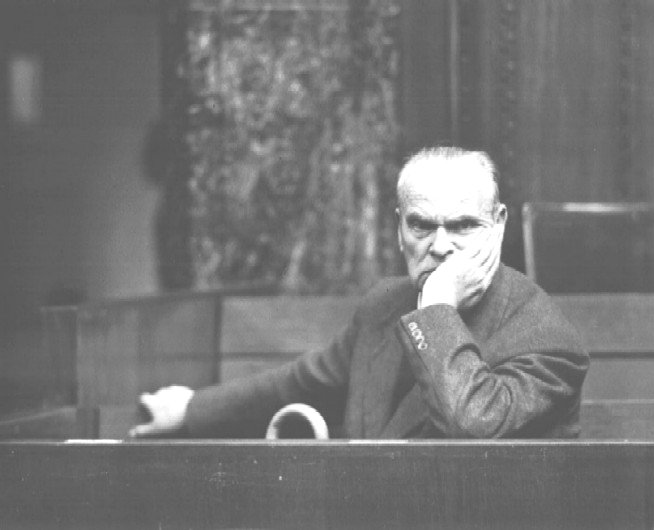 German Field Marshal Hugo Sperrle sitting at the defendants dock during morning recess, Nuremberg, Germany, 1945-1946