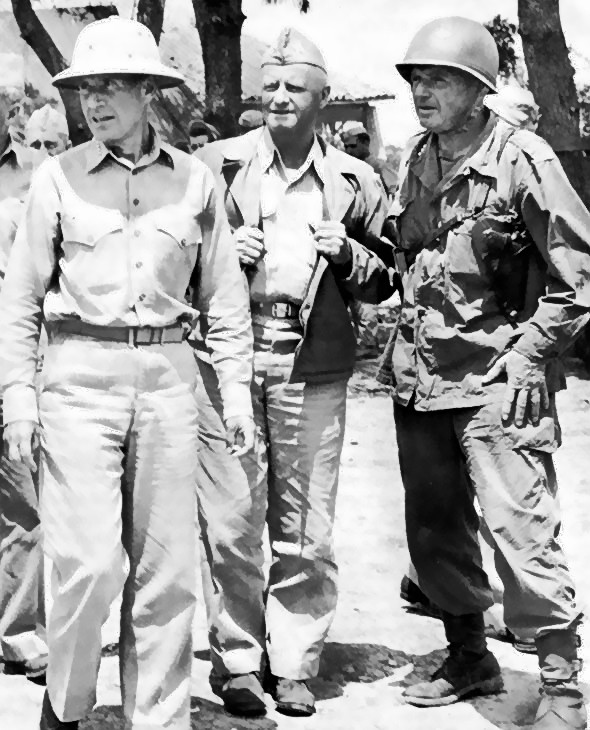 American leaders at Okinawa, Japan: Spruance, Nimitz, and Buckner, circa May 1945