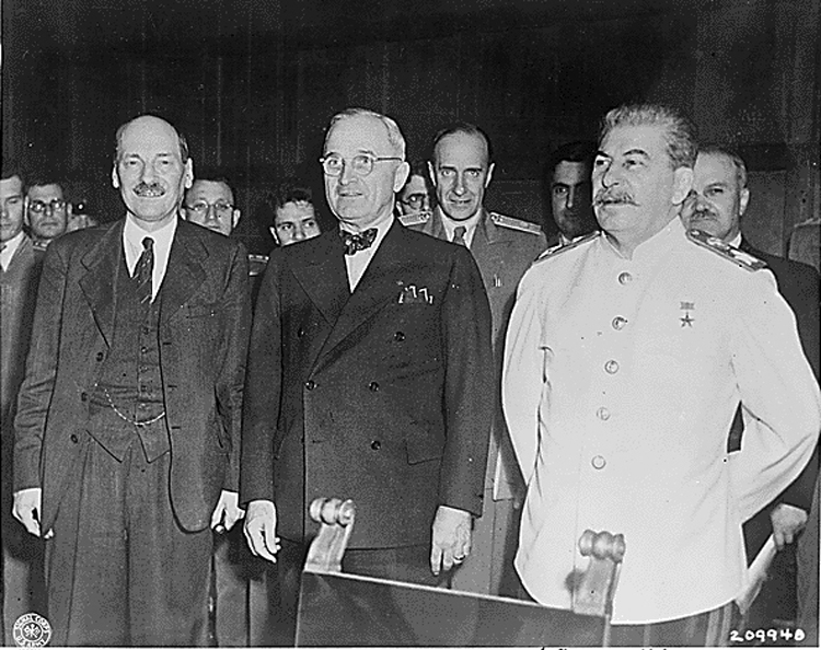 Clement Attlee, Harry Truman, Vyacheslav Molotov, and Joseph Stalin during the Potsdam Conference, Germany, 1 Aug 1945, photo 1 of 2