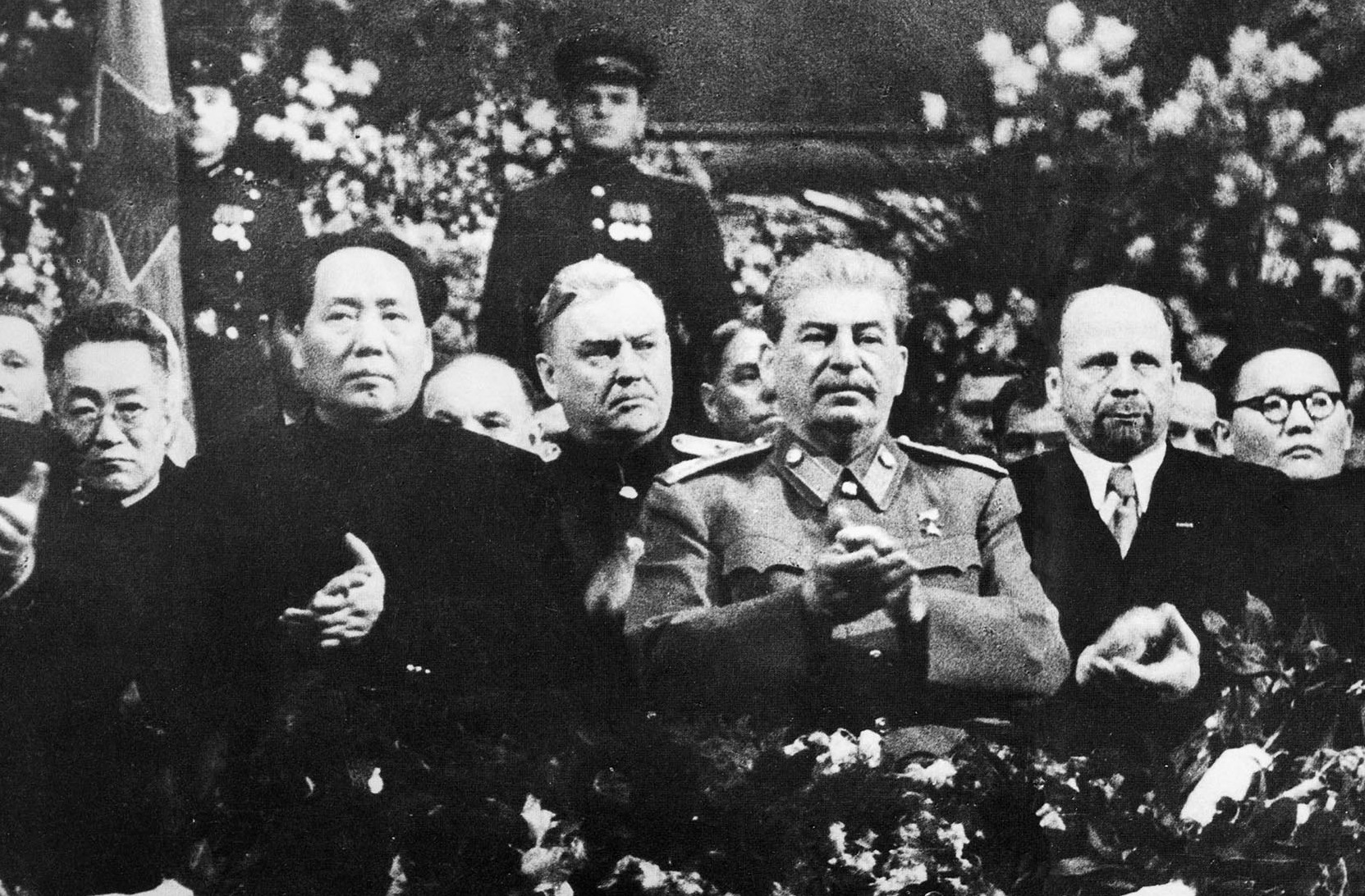 Mao Zedong, Nikolai Bulganin, Joseph Stalin, Wailter Ulbricht, and Yumjaagiin Tsedenbal celebrating Stalin's birthday, Moscow, Russia, 6 Dec 1949