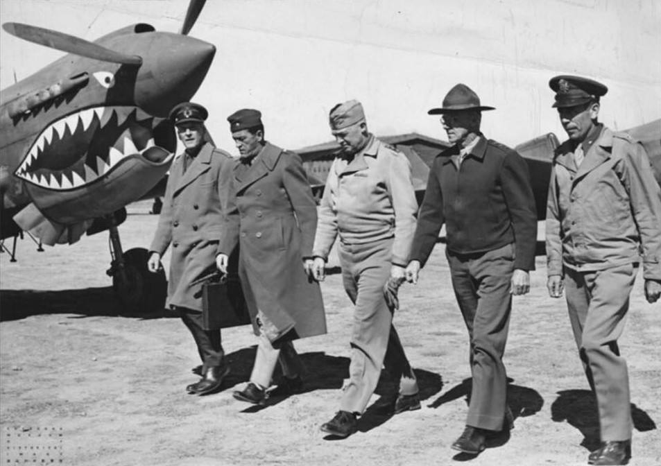 John Dill, Claire Chennault, Henry Arnold, Joseph Stilwell, and Clayton Bissell at an airfield in China, 1940s