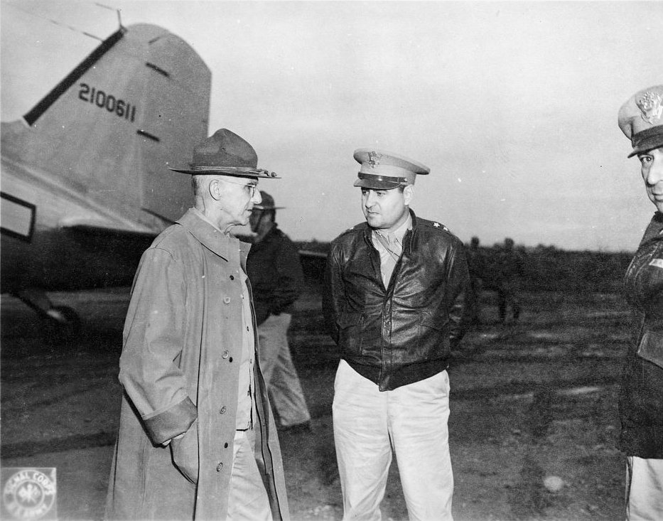 General Joseph Stilwell and Major General Curtis LeMay at an American airfield in China, 11 Oct 1944
